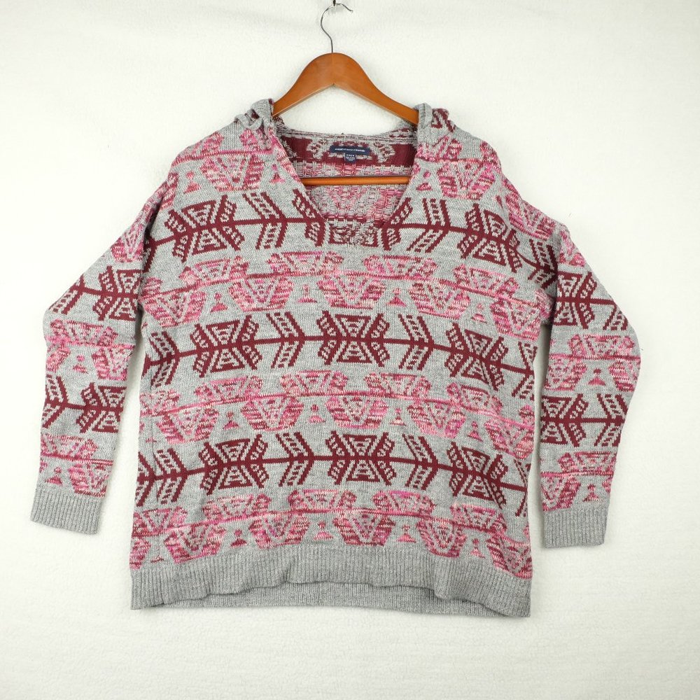 American Eagle Womens Sweater Medium Gray Purple Southwestern Lightweight Hooded